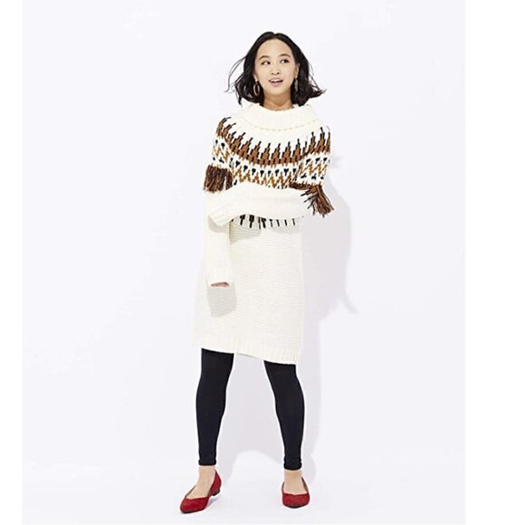 Back Number Sweater Dress M Japanese Brand Fair Isle Fringe Tunic Length Warm - Picture 1 of 9